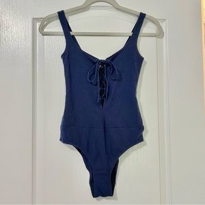 Reformation Navy Blue Ribbed Lace Up Tank Body Suit